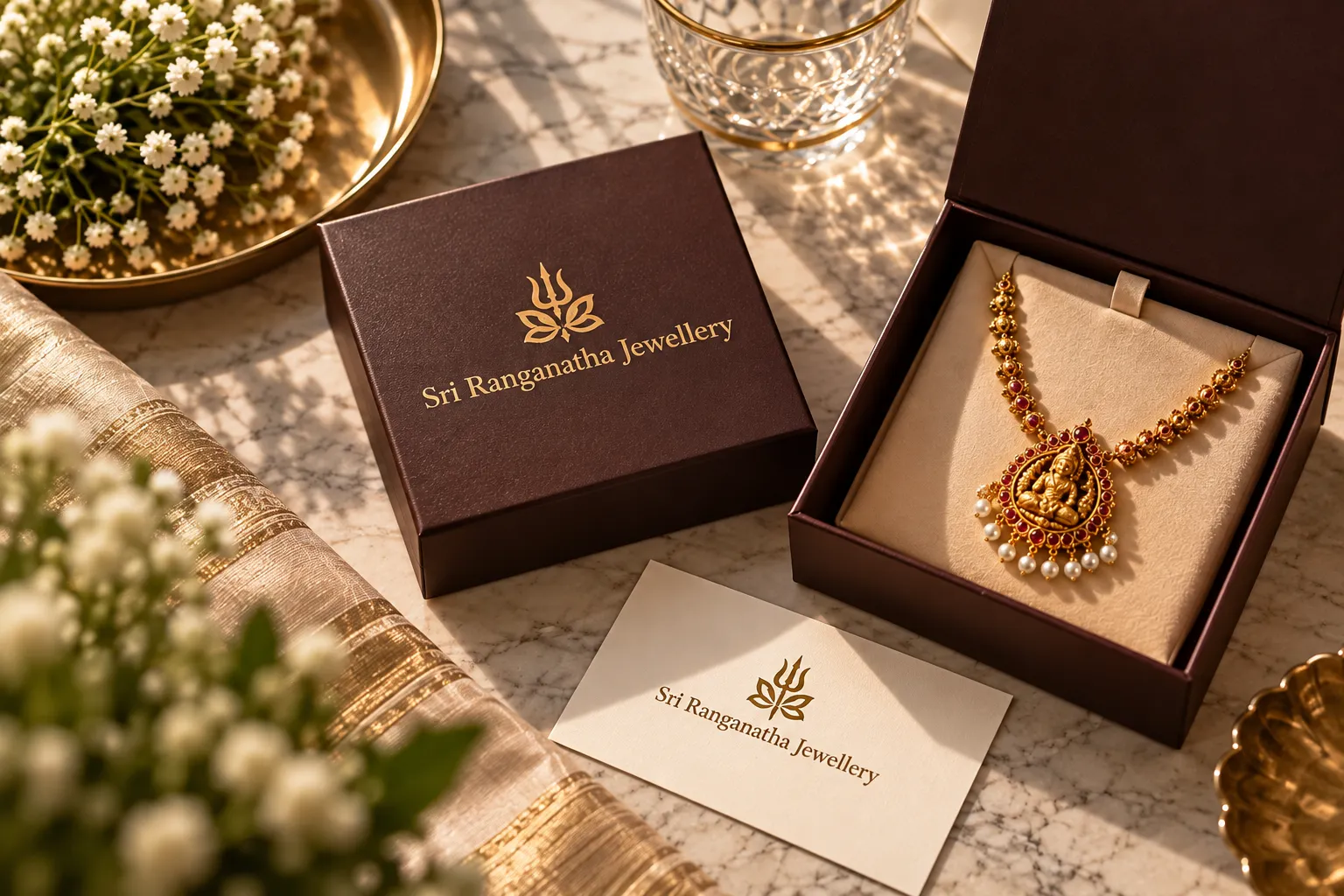 A gold temple necklace with red stones and pearl drops in an open gift box, beside a branded box and card on a marble table